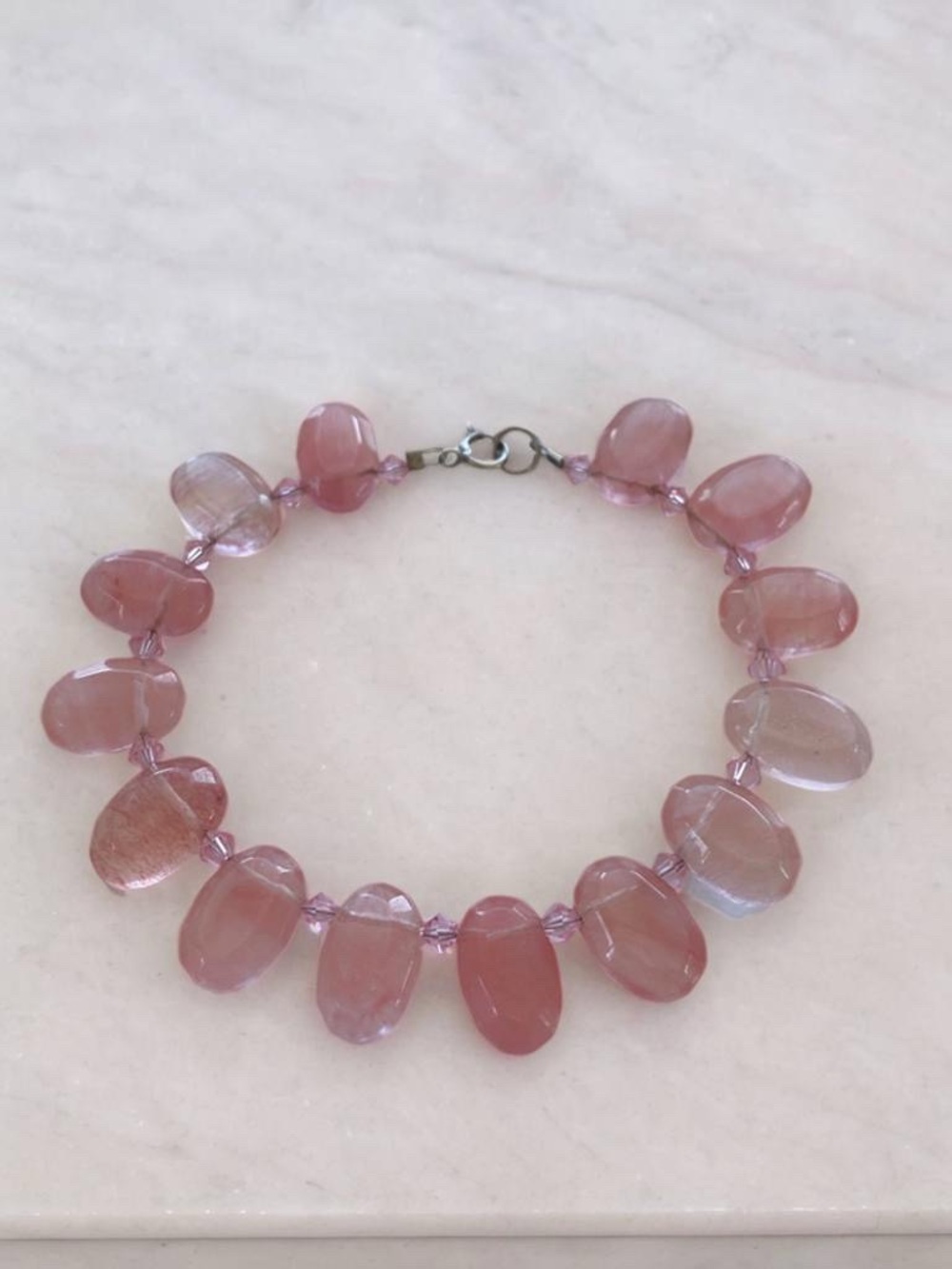 Rose Quartz Bead hand strung Bracelet with crystal accents. Fit up to 7.5 inches - Picture 9 of 10